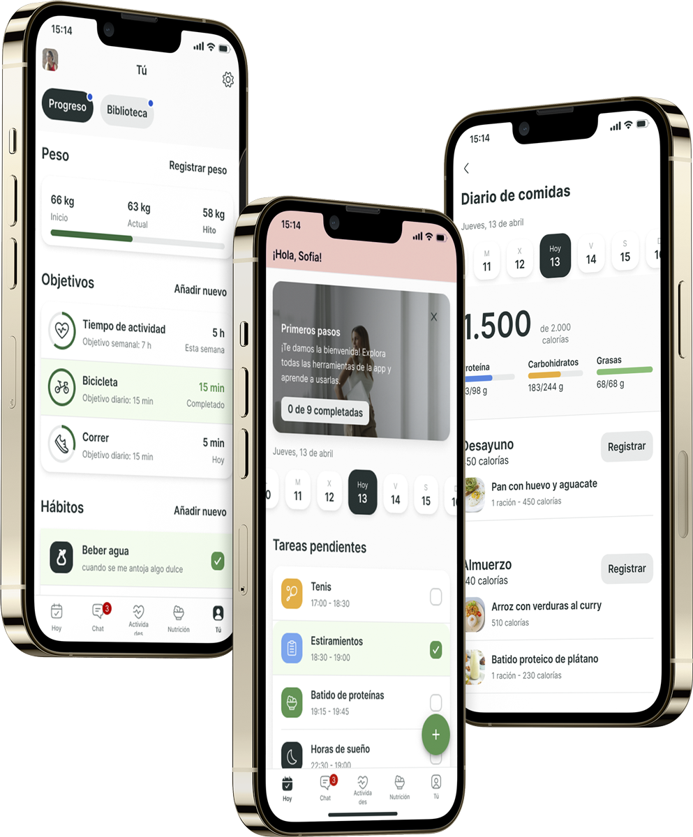 Un mockup de la app de coaching mostrando las funciones.